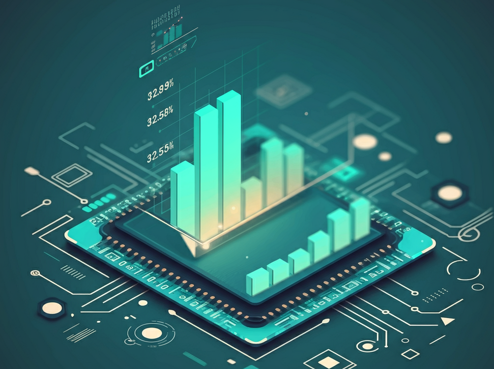Futuristic stock market theme with AI and stock charts.
