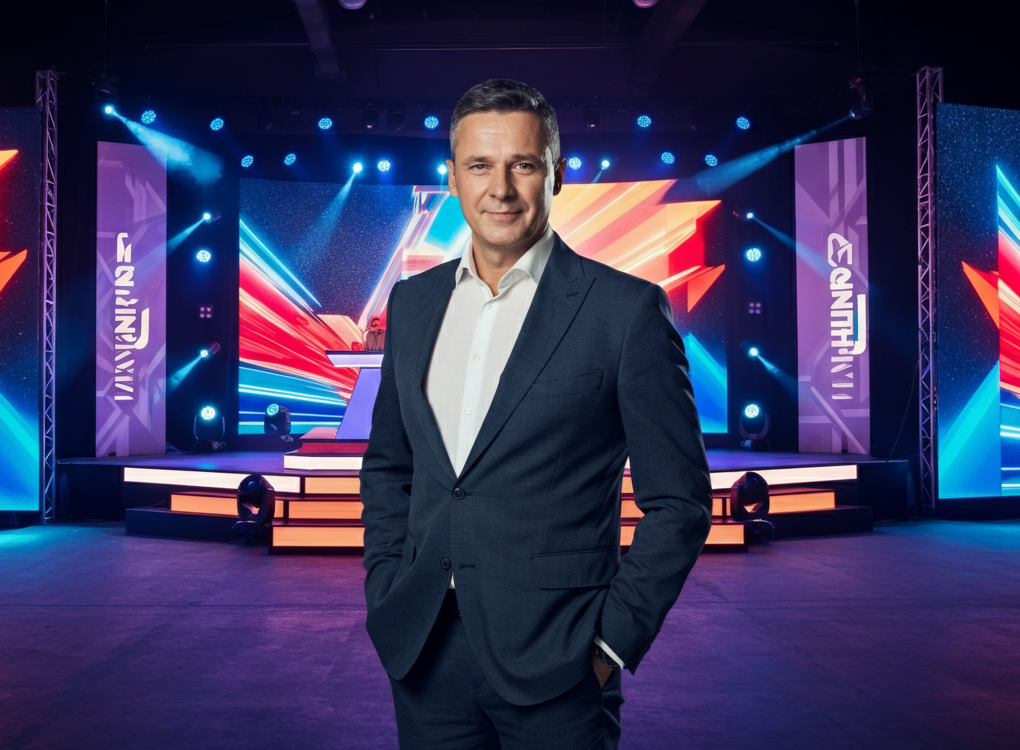 A confident business leader in a suit standing in front of a high-tech event stage with vibrant lighting and digital screens, symbolizing leadership and innovation.
