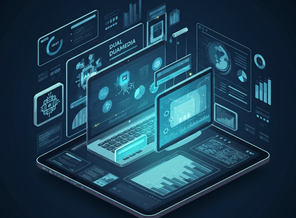 Futuristic marketing concept blending AI, digital, and traditional media.