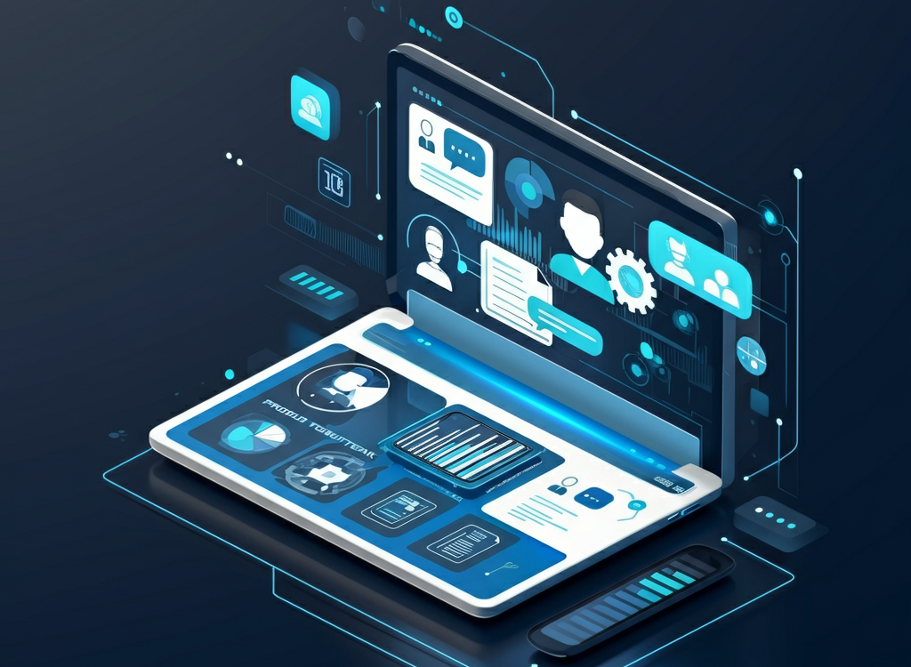 Modern digital interface with collaborative tools and productivity icons.