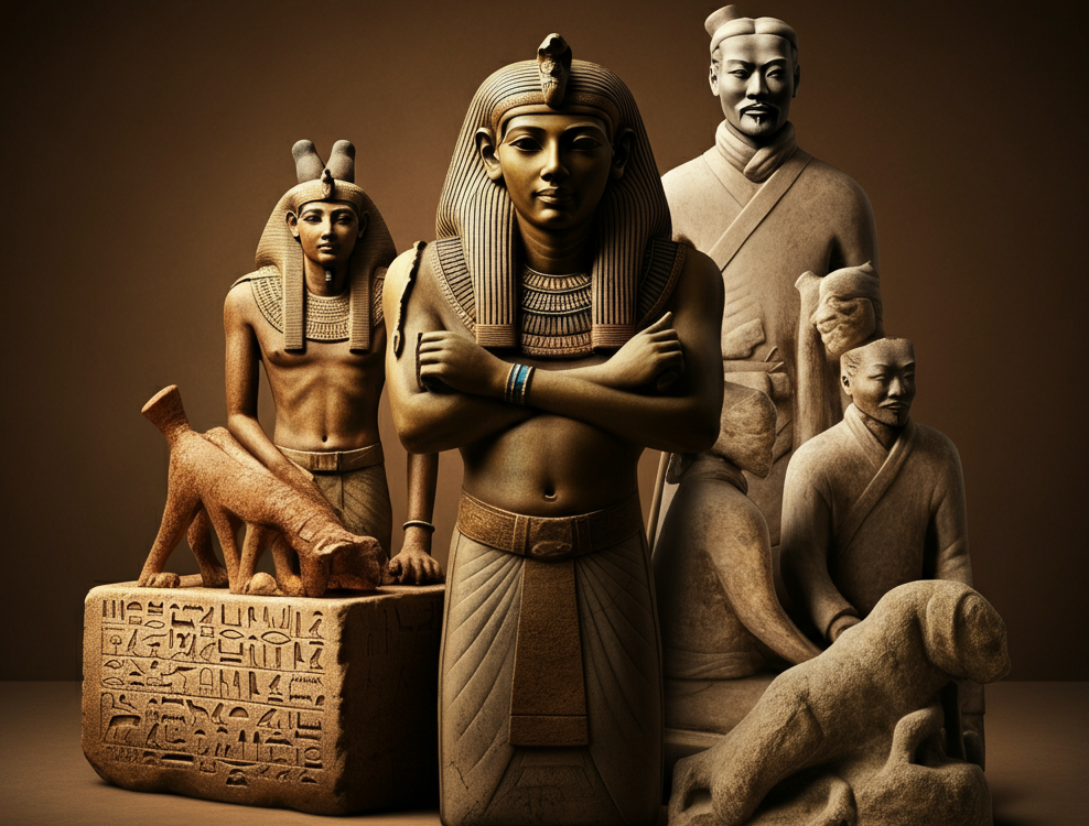 A collage of ancient art, including Egyptian hieroglyphics, Greek statues, and the Chinese Terracotta Army, showcasing the beauty of ancient artz.
