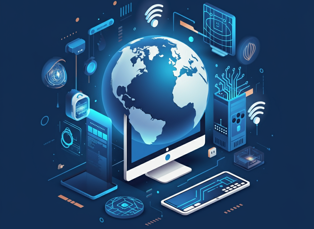 Modern feature image showcasing technology news with gadgets and AI icons.