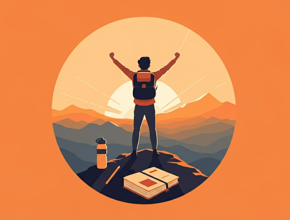 Illustration of a person on a mountain peak at sunrise, symbolizing personal growth and clarity.