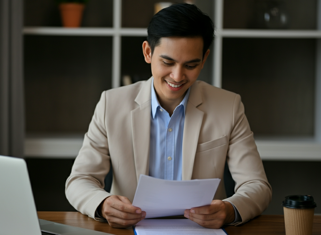 A small business owner reviewing insurance documents in a modern office setting.