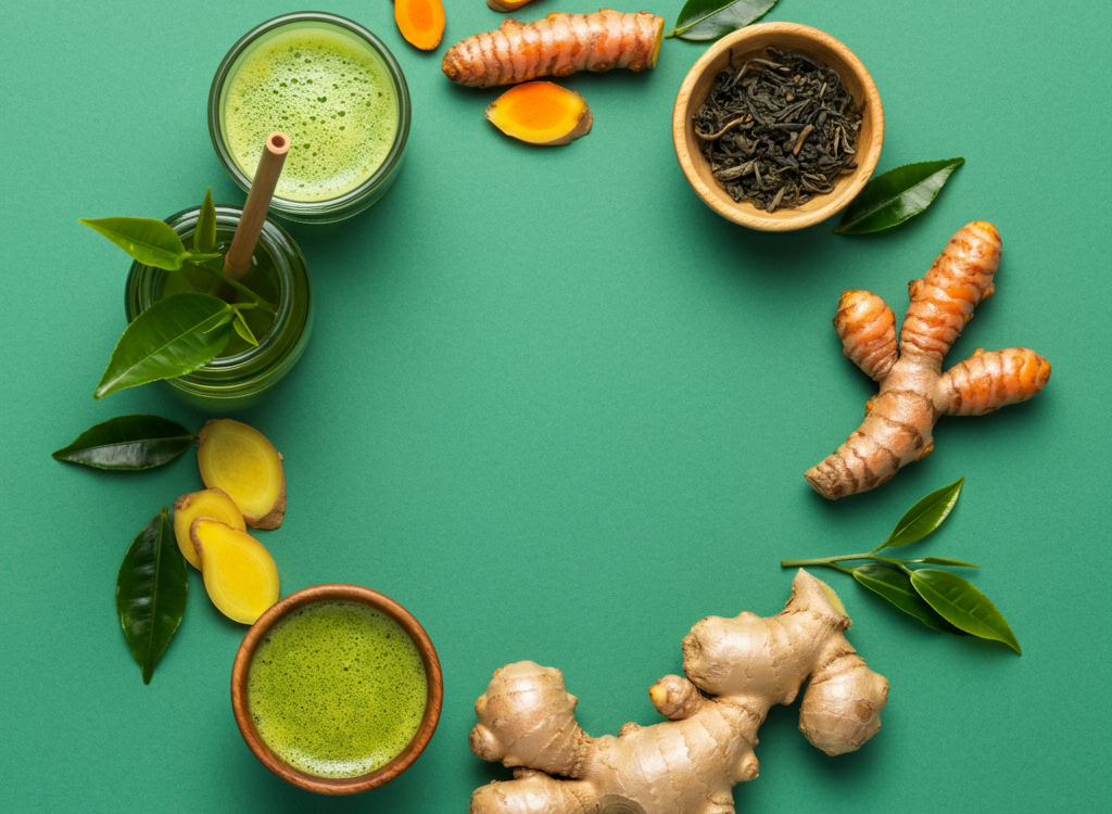 Natural wellness ingredients like turmeric, ginger, and green tea representing Candizi.
