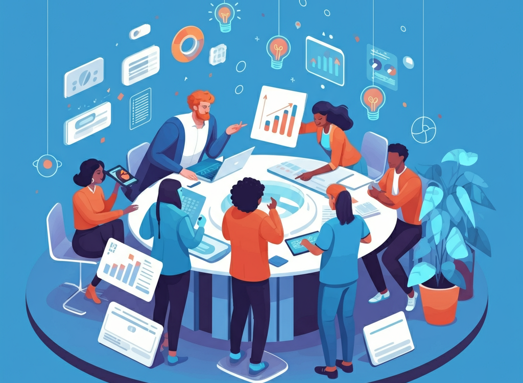 Diverse professionals in a futuristic office, symbolizing career growth and job opportunities in 2025.