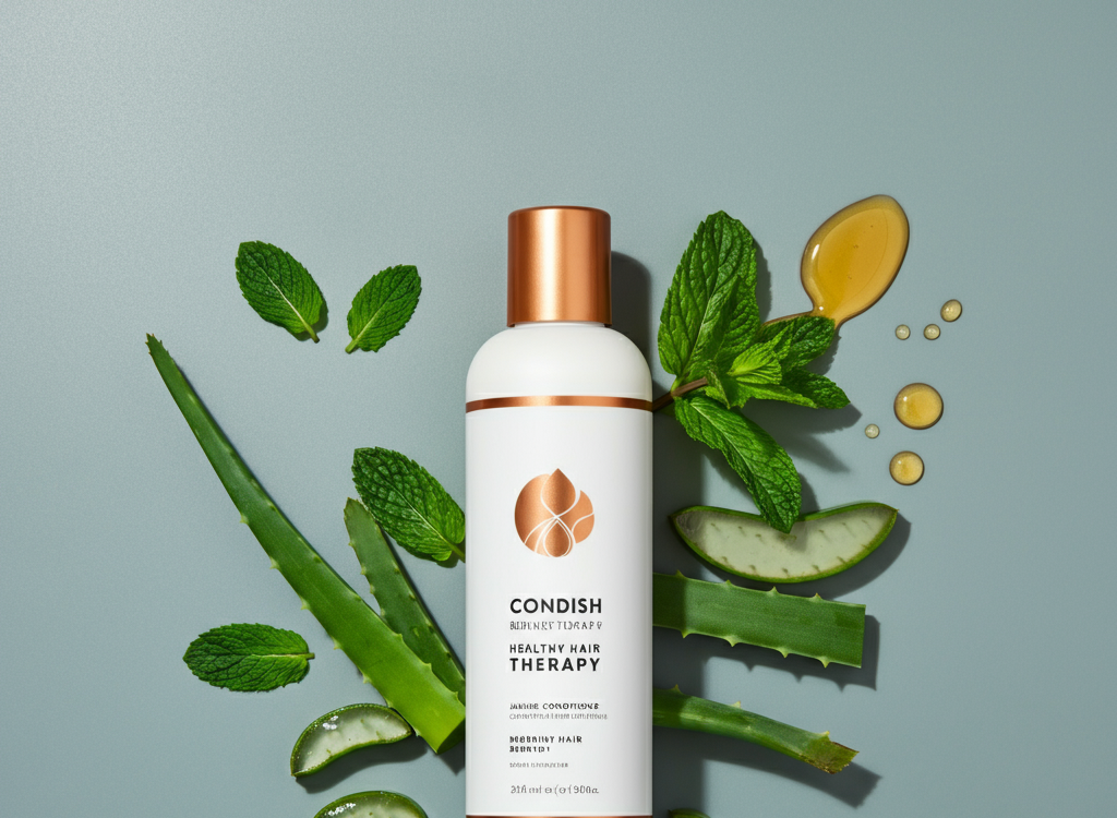 Luxurious hair care scene featuring Condish Healthy Hair Therapy with natural ingredients like aloe vera, peppermint, and honey.