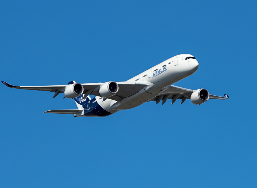 Delta Airlines Airbus A350-900 in flight with blue sky background.