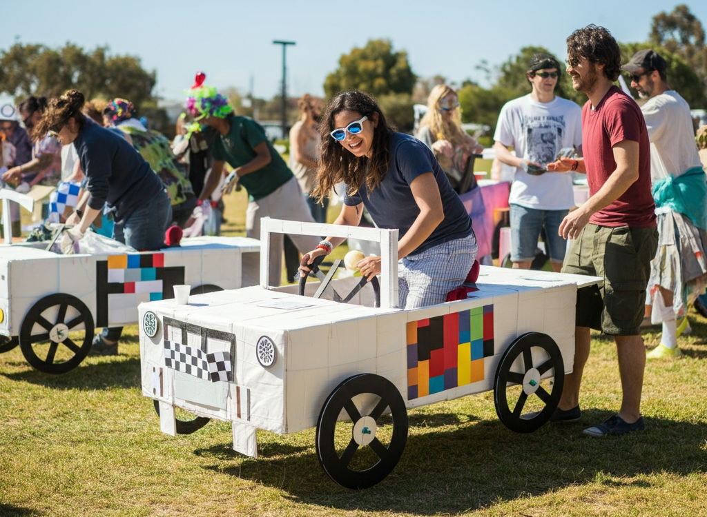Participants enjoying a creative DIY drop cloth derby event with colorful costumes and race vehicles.