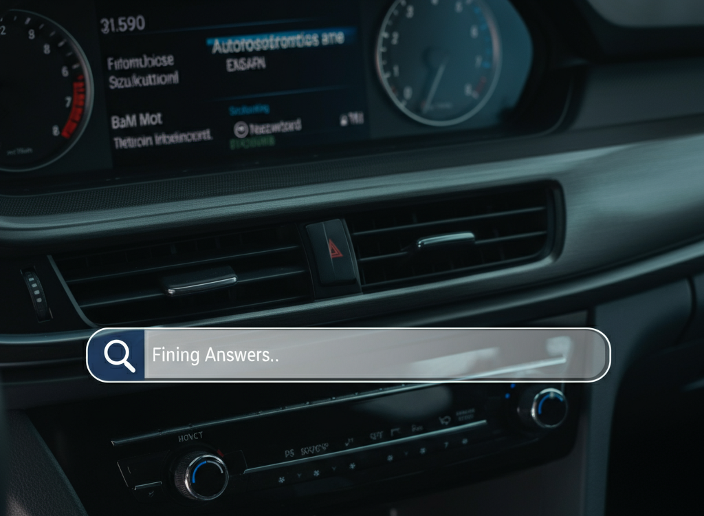 Modern automotive-themed image with car dashboard, tools, and search bar.