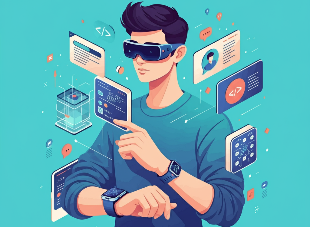 Illustration of wearable tech, coding, and pop culture icons.