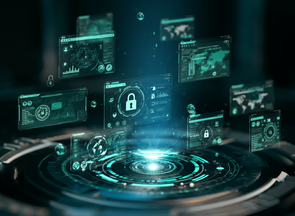 Futuristic digital interface symbolizing cybersecurity and web diagnostics.