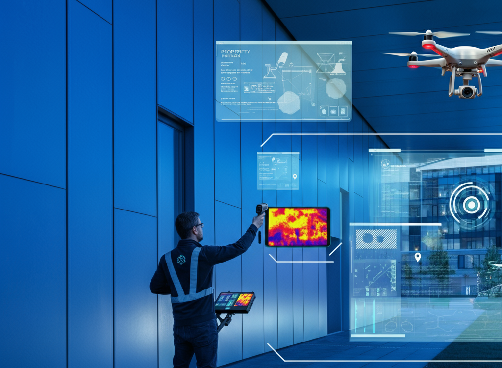 Professional conducting a high-tech property inspection with drones and AI tools.