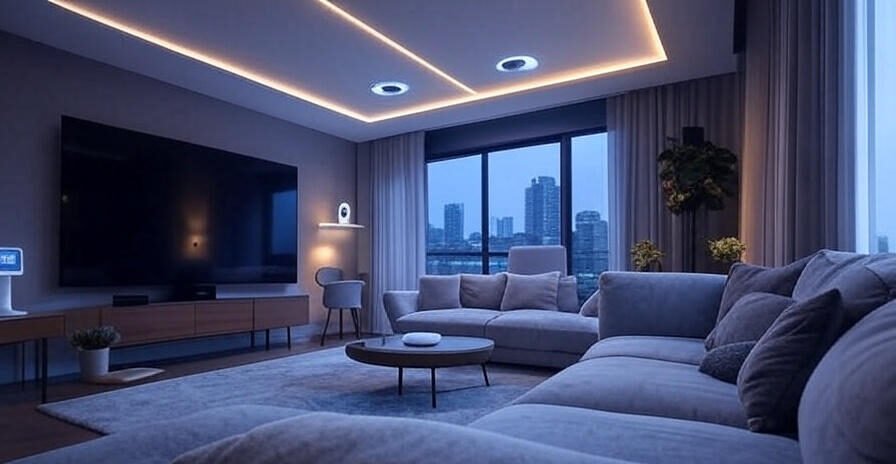 Smart home setup with AI devices in modern living room for home tech lovelolablog 2025