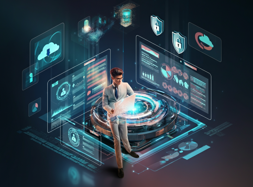 Illustration of IT consulting services with a focus on digital transformation, cloud computing, and cybersecurity.
