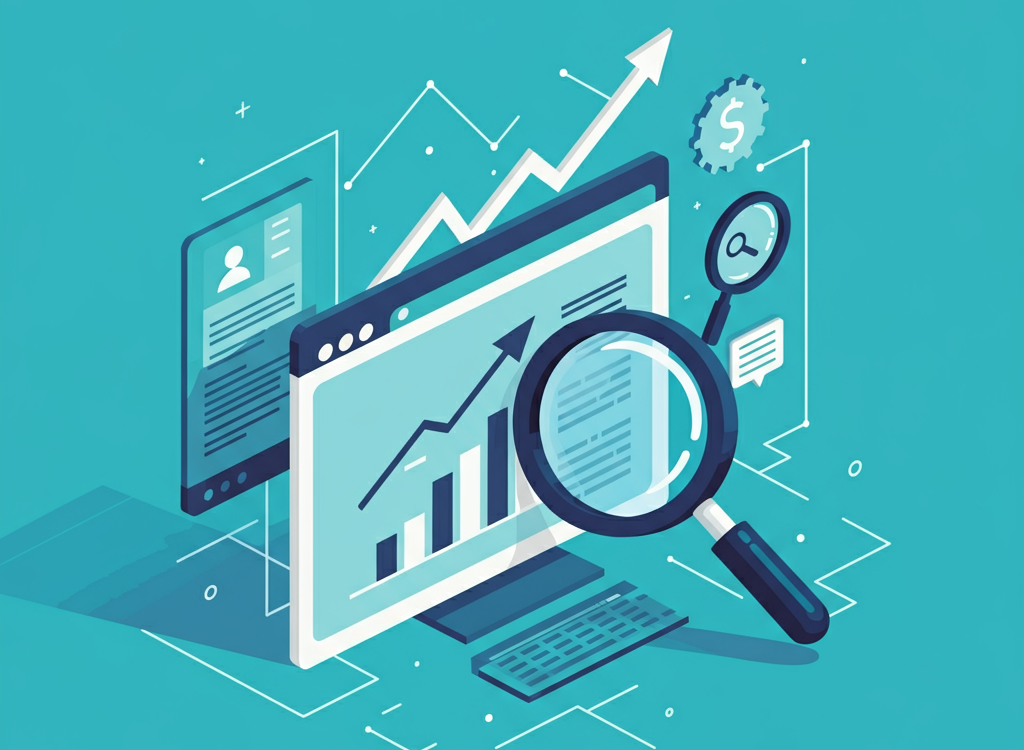 Rising graph and magnifying glass over a website, symbolizing improved website ranking with Garage2Global.