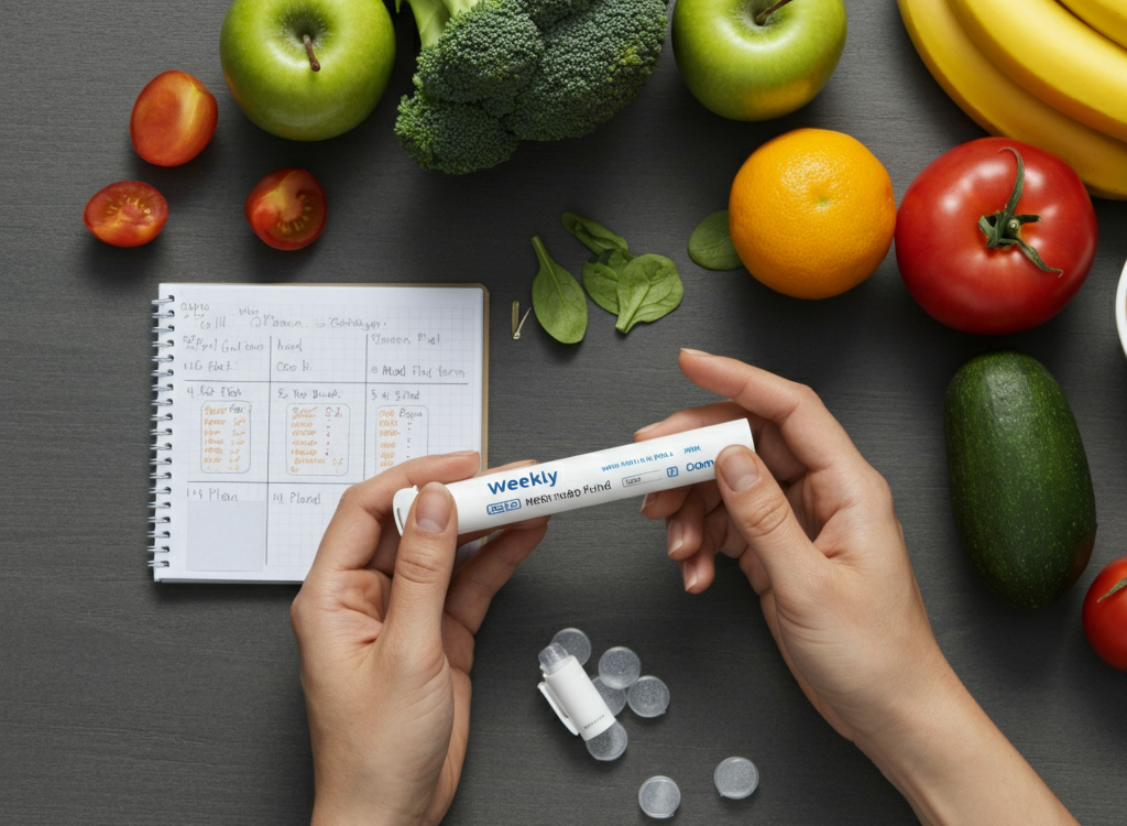 Healthy lifestyle with Lepbound injection, meal plan, and fresh produce.