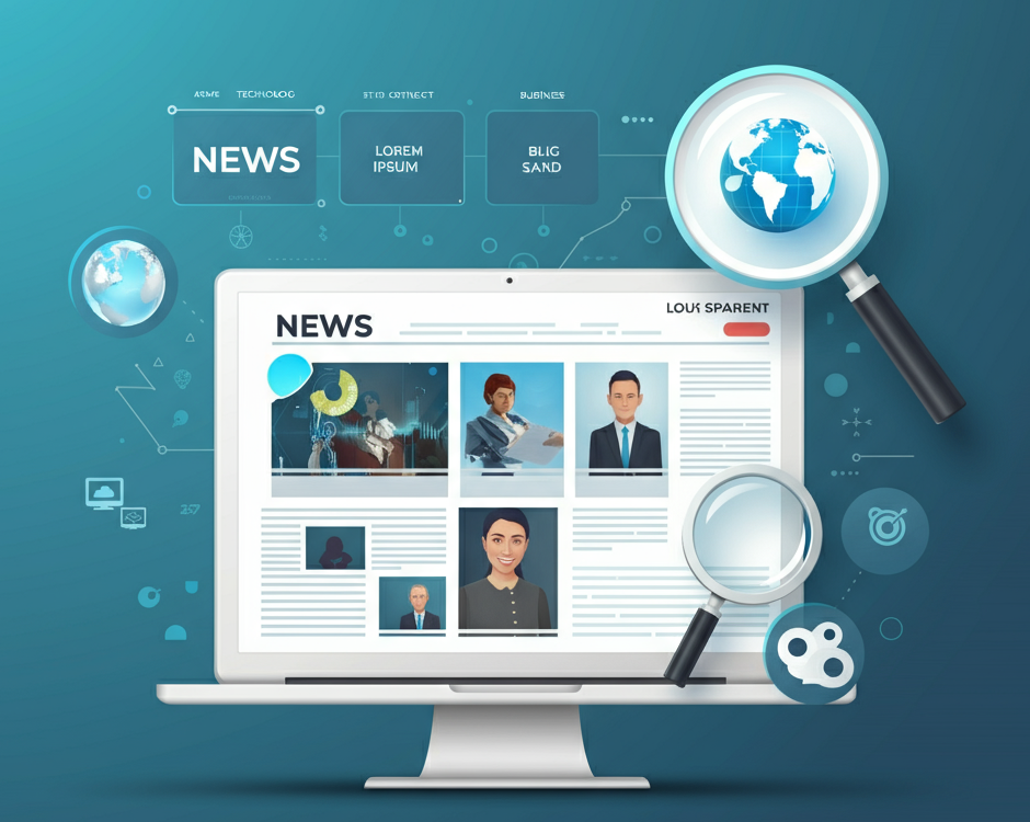 Illustration of a digital news platform with categories like technology, business, and lifestyle, emphasizing trust and clarity.