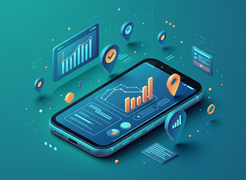 Smartphone with analytics and marketing icons, representing mobile marketing.