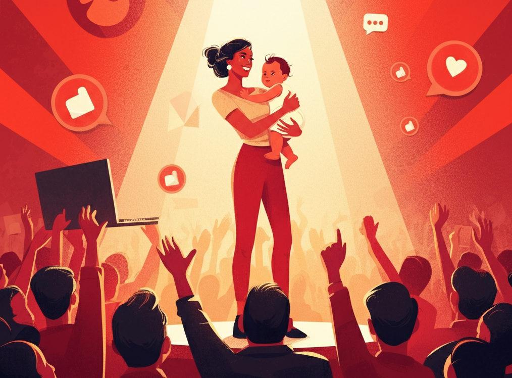 "Illustration of a stylish mother holding a baby while standing on a stage under bright lights, surrounded by a cheering crowd and digital elements like social media icons, symbolizing modern motherhood in the spotlight."