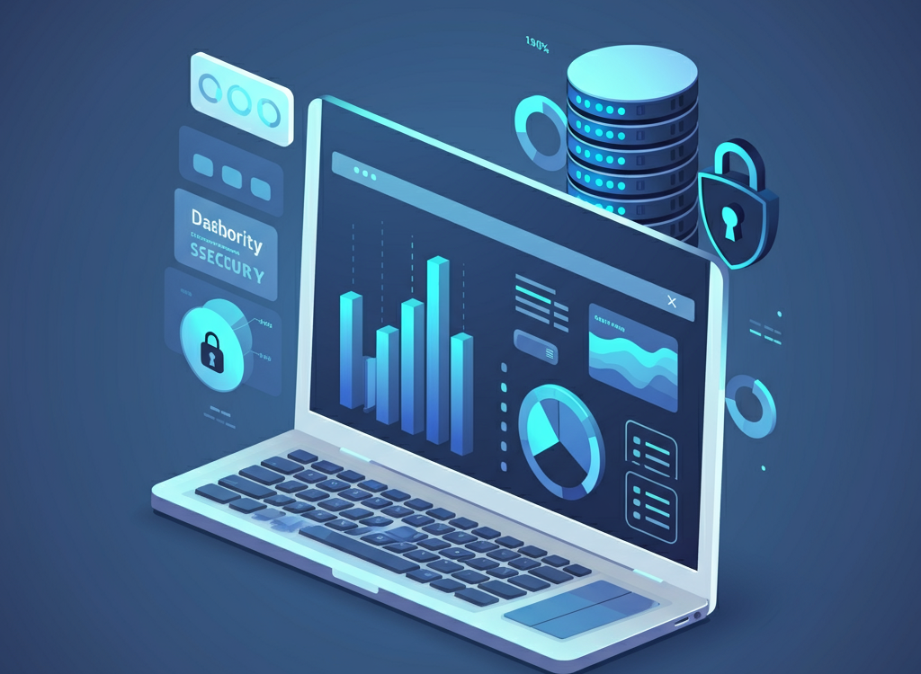 Illustration of a web-based server management dashboard with graphs and a secure lock icon.