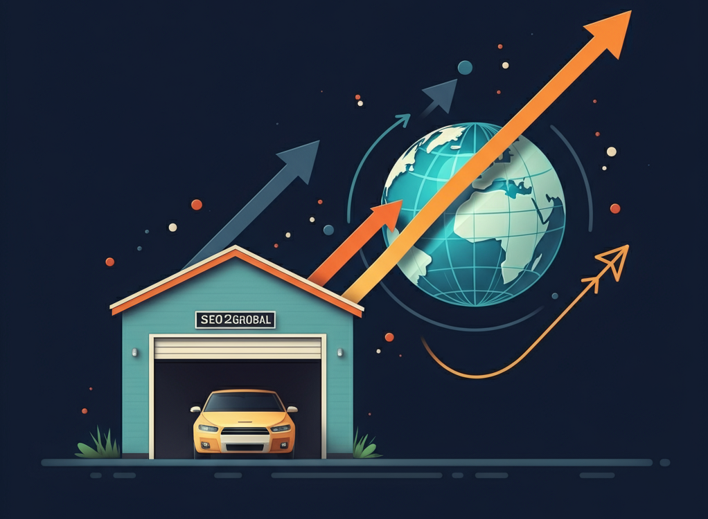 A symbolic journey from a garage to global business success with upward growth arrows.