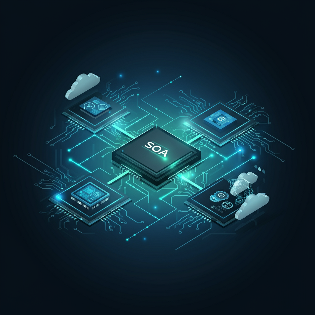 Illustration of service-oriented architecture with interconnected modules and a futuristic digital theme.