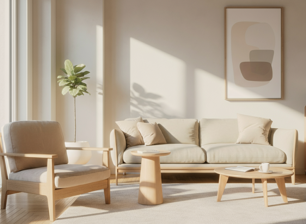 Minimalist living room with natural light and soft tones, symbolizing simplicity.