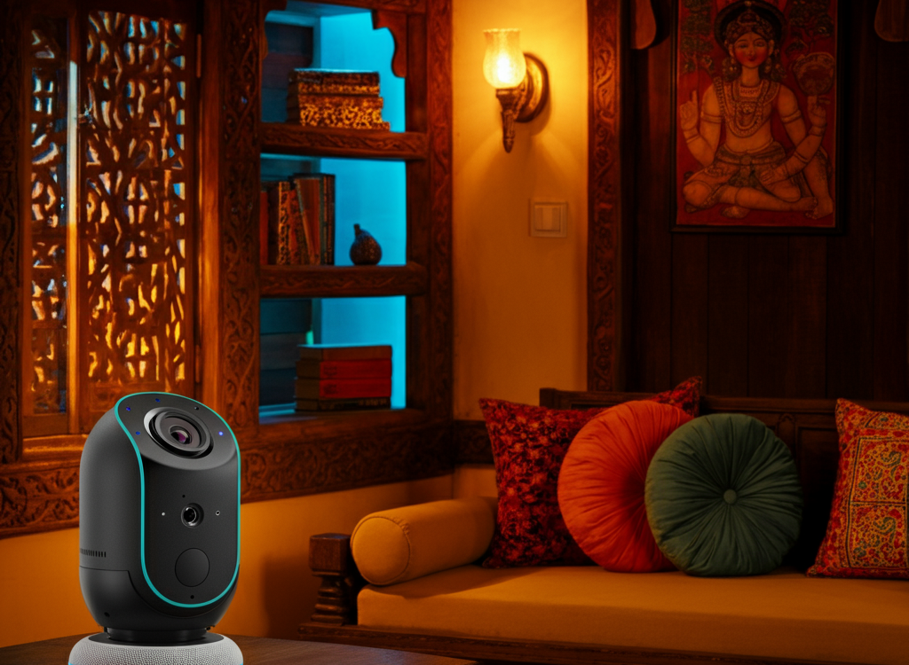 A modern Indian smart home with AI-powered devices like smart lights and security cameras in a cozy living room.