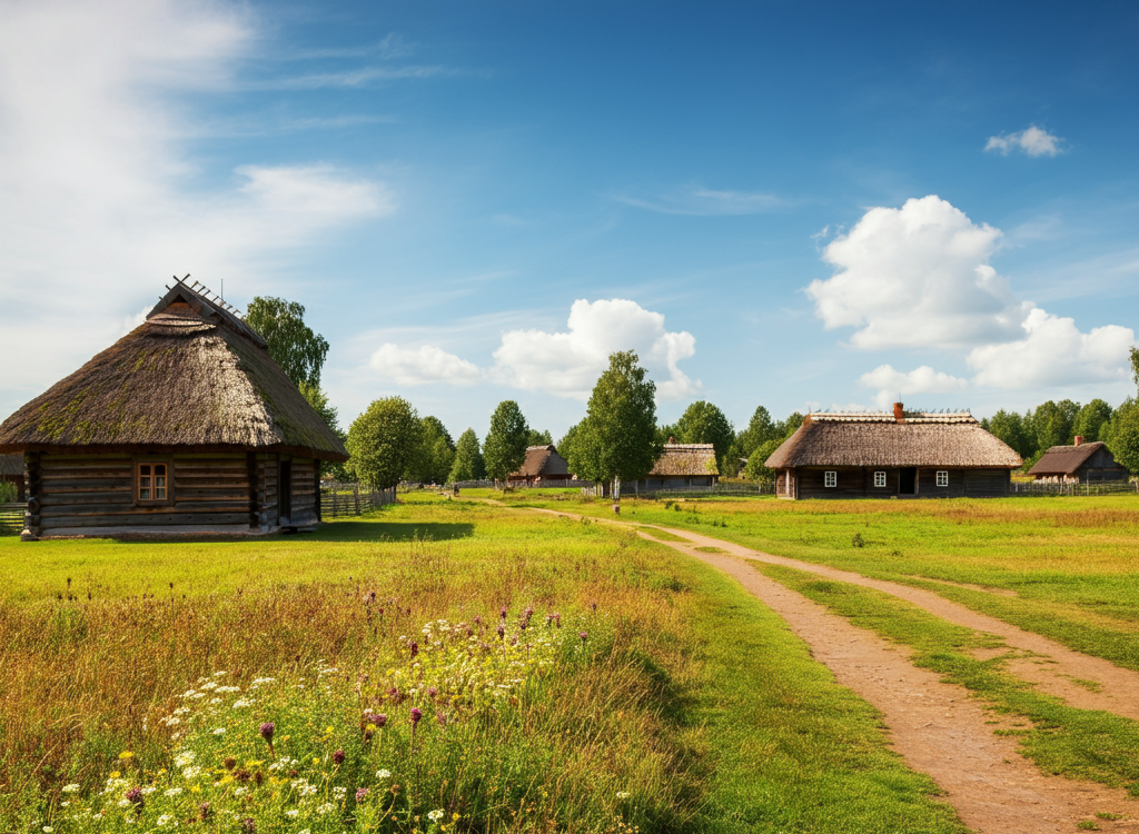 Traditional Lithuanian sodziu village with wooden houses and green fields.