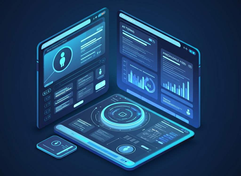 Futuristic marketing concept blending AI, digital, and traditional media.