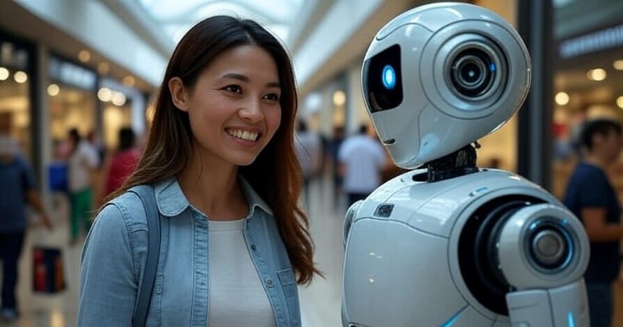 AI robot assisting shopper in mall for chum tech