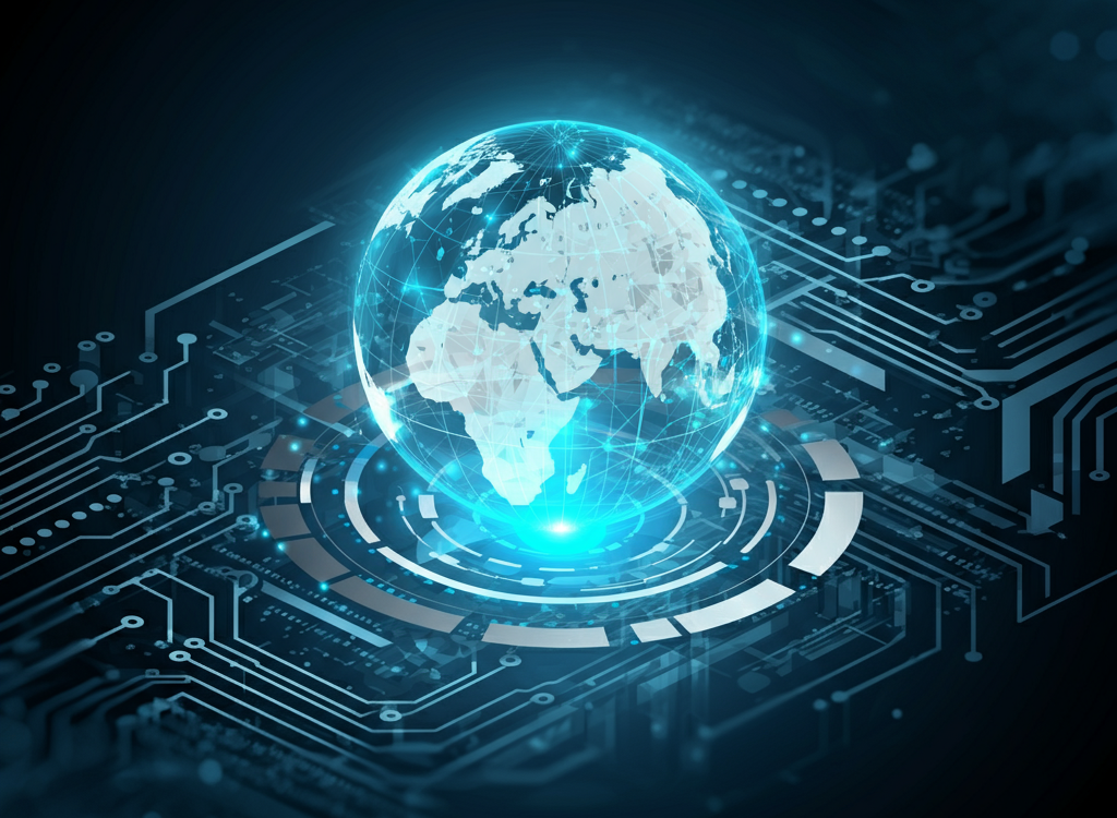 A sleek digital illustration of advanced technology themes, including AI, cybersecurity, and innovation, with glowing circuits and a holographic globe.