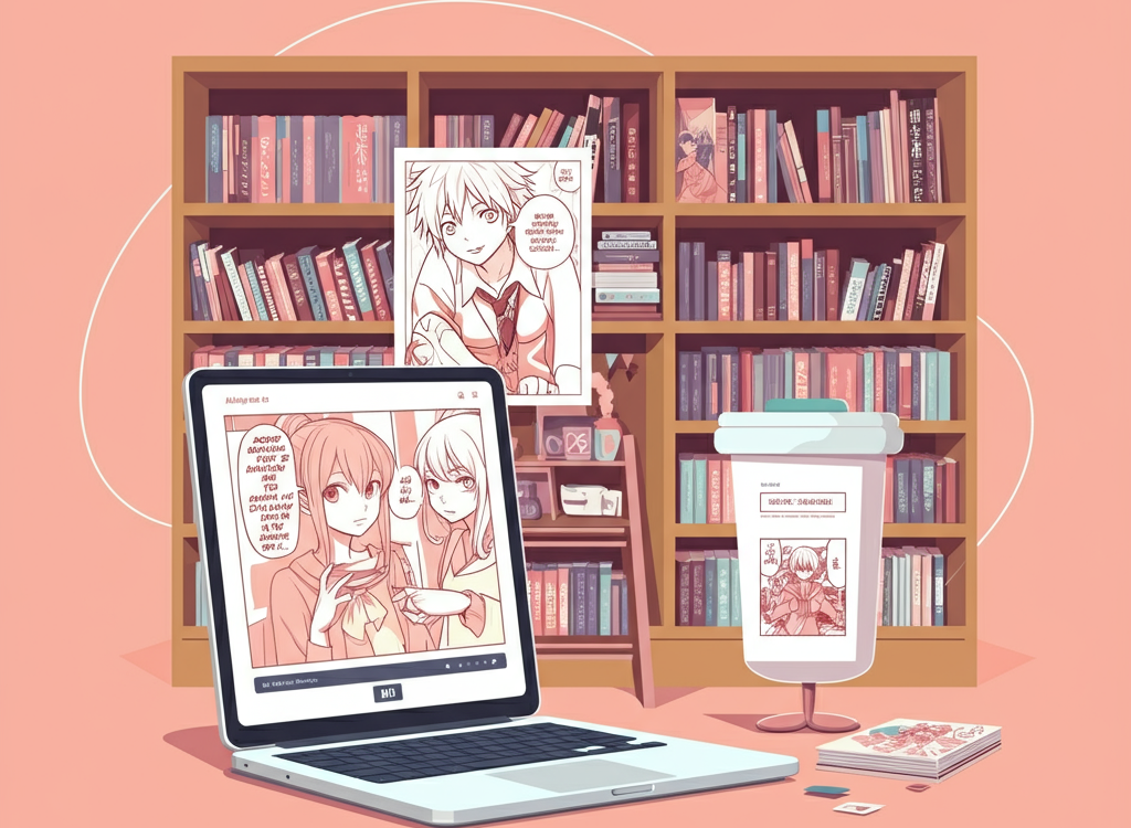 Manga-style illustrations and bookshelves representing nhentai.nef.